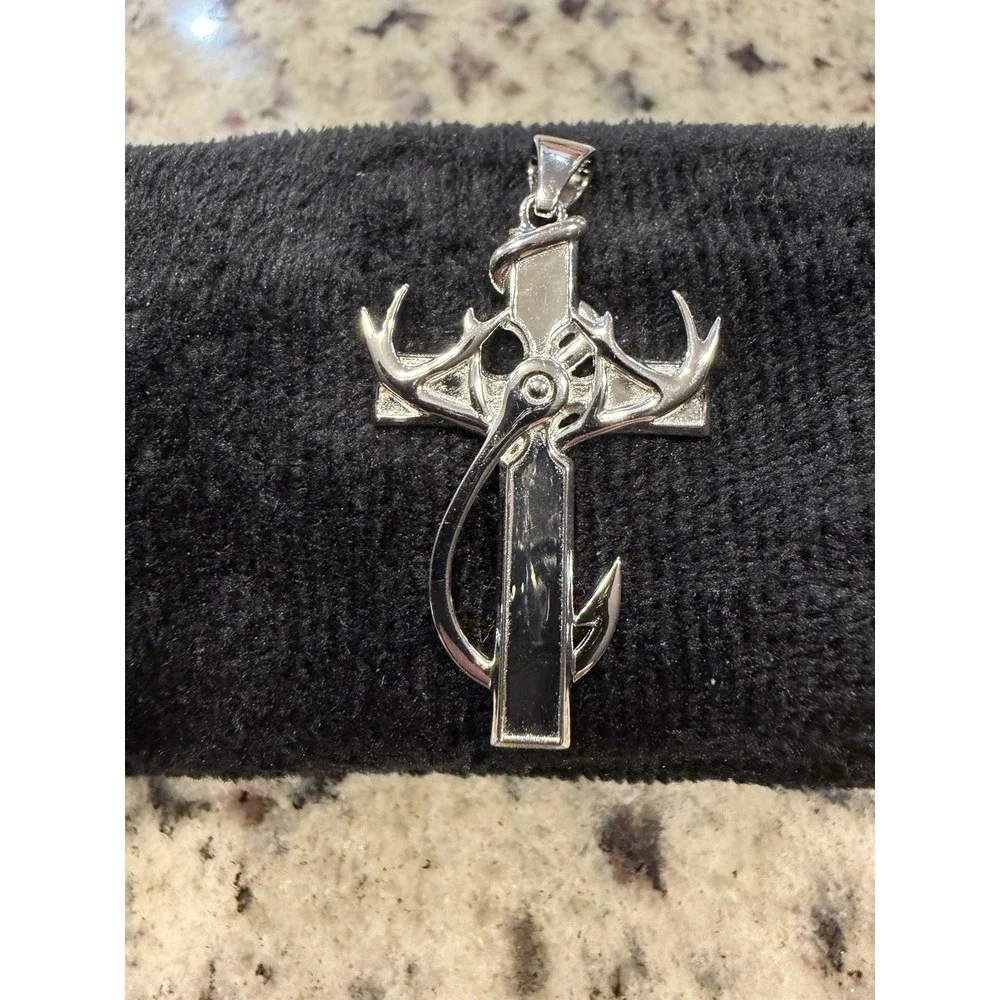 925 Sterling Silver Cross Hook Antler Pendant Christian Hunting Jewelry